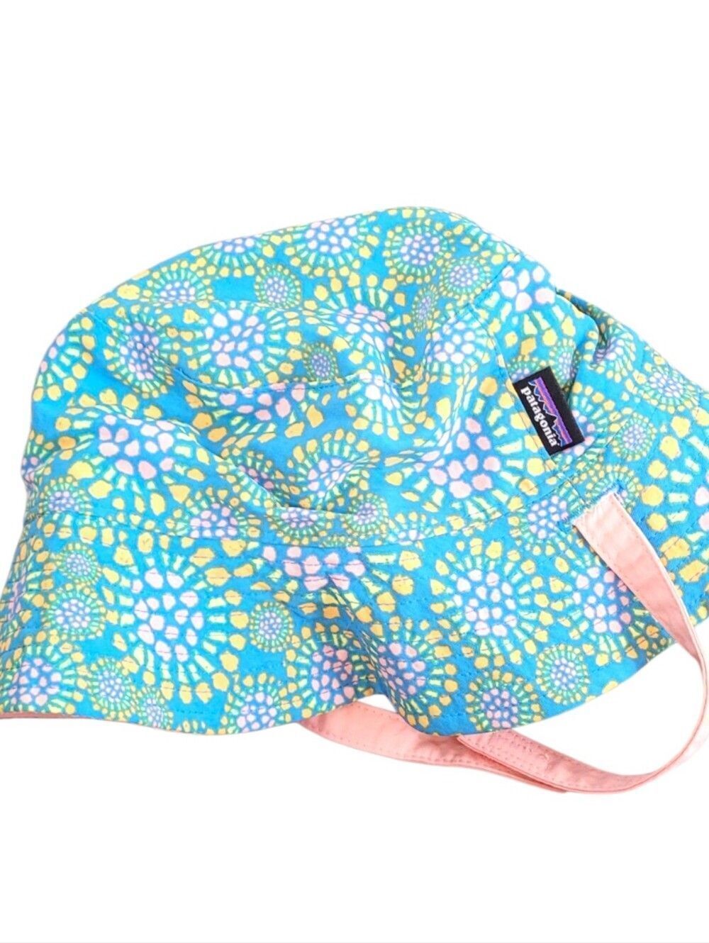 Patagonia Kids Turquoise Floral Sun Hat with Pink Chin Strap